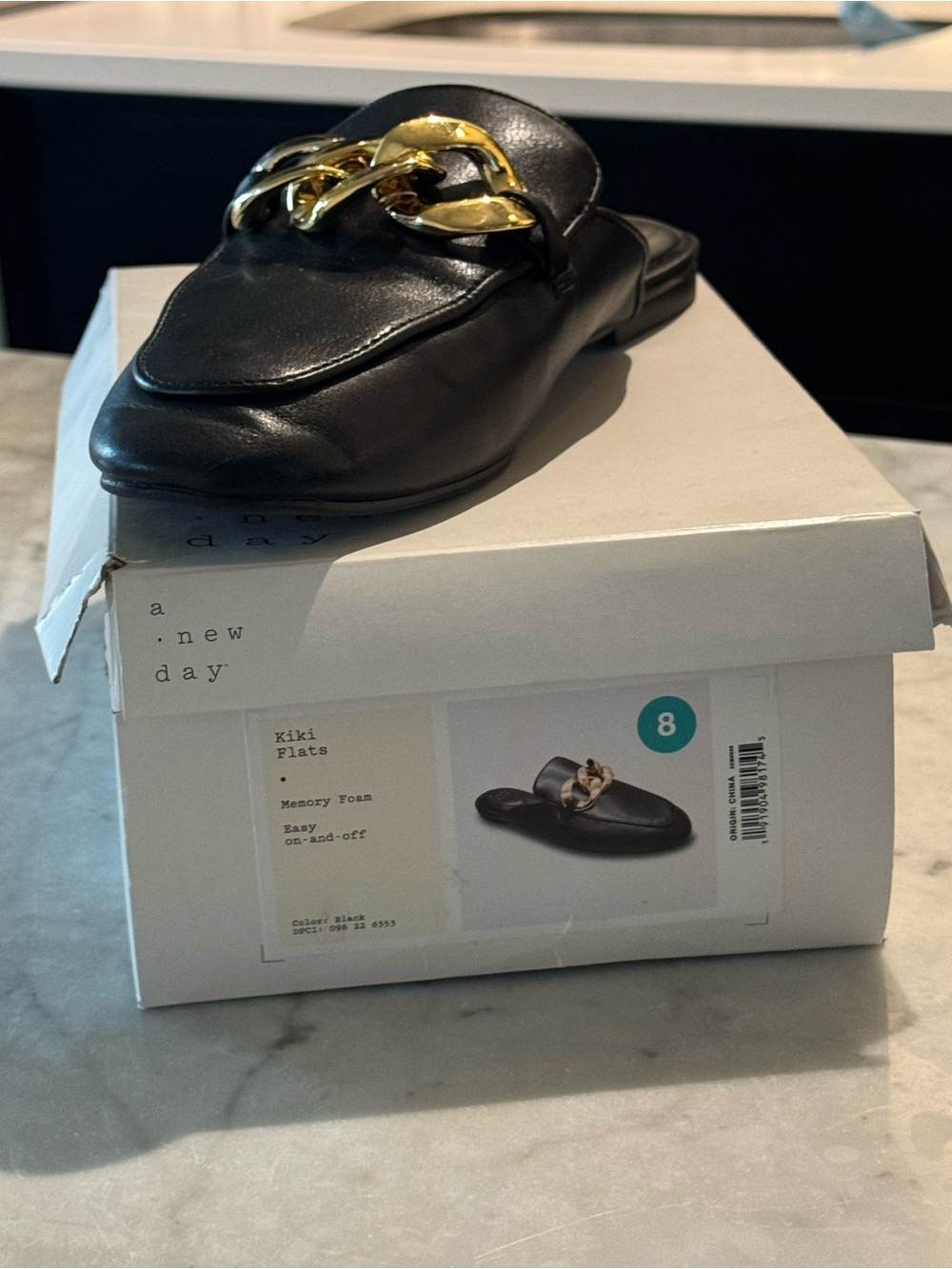 a new day Black Leather Slip-On Loafers with Gold Chain Accent